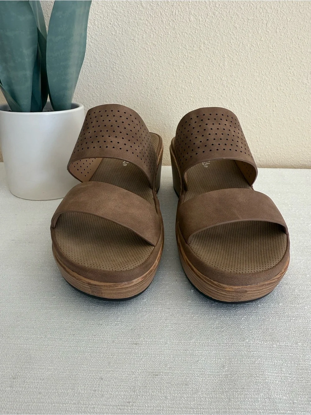New Patrizia Brown Perforated Wedge Slide Sandals - Casual Platform Comfort